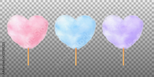 Heart shape cotton candy set. Realistic pink blue purple heart shape cotton candies on wooden sticks. Summer tasty snack for children. 3d vector illustration isolated on transparent background