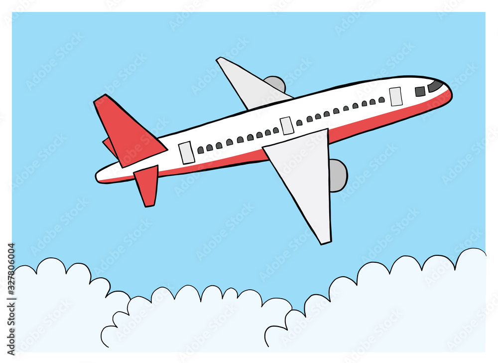 Vector hand drawn illustration of flying airplane.