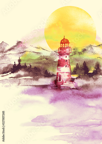 Watercolor illustration of lighthouse.  sea landscape. Art illustration, greeting card. Beautiful tower. lighthouse in the ocean with great waves. Sunset, yellow sun, eclipse.