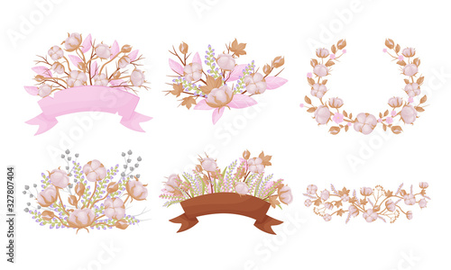 Cotton Compositions with Blossomed Buds and Twigs Vector Set