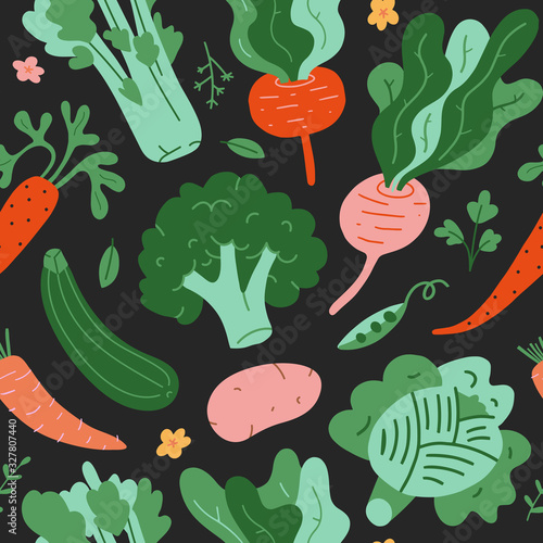 veggies pattern, seamless background with hand drawn doodle vegetables, Flat cartoon illustrations of broccoli, cabbage, beet root and celery. Vegetarian healthy food, vector texture.