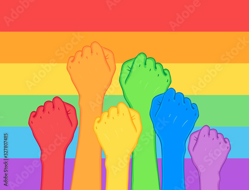 Fight for gay rights. Human hands (fists) raised up. Rainbow color Vector illustration. Flag of LGBT community. Cartoon sticker with contour. greeting cards, posters, patches, prints