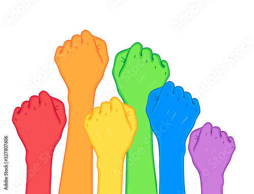 Fight for gay rights. Human hands (fists) raised up. Rainbow color Vector illustration. Flag of LGBT community. Cartoon sticker with contour. greeting cards, posters, patches, prints