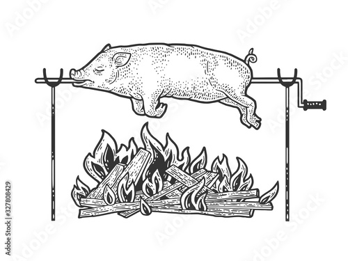 Bonfire pig pork sketch engraving vector illustration. T-shirt apparel print design. Scratch board imitation. Black and white hand drawn image.