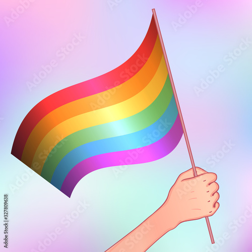 Love is Love. Human hand holding flag of LGBT community on flagstaff. Vector illustration in rainbow color for sticker, greeting card, poster, patch, t-shirt, pin.
