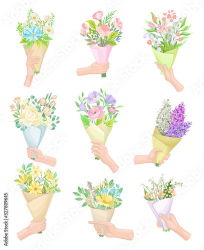 Hands Holding Flower Bouquets Wrapped in Craft Paper Vector Set