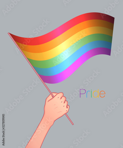 Love is Love. Human hand holding flag of LGBT community on flagstaff. Vector illustration in rainbow color for sticker, greeting card, poster, patch, t-shirt, pin.