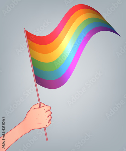 Love is Love. Human hand holding flag of LGBT community on flagstaff. Vector illustration in rainbow color for sticker, greeting card, poster, patch, t-shirt, pin.