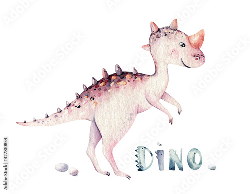 Cute cartoon baby dinosaurs collection watercolor illustration  hand painted dino isolated on a white background for nursery poster decoration. Rex children funny art