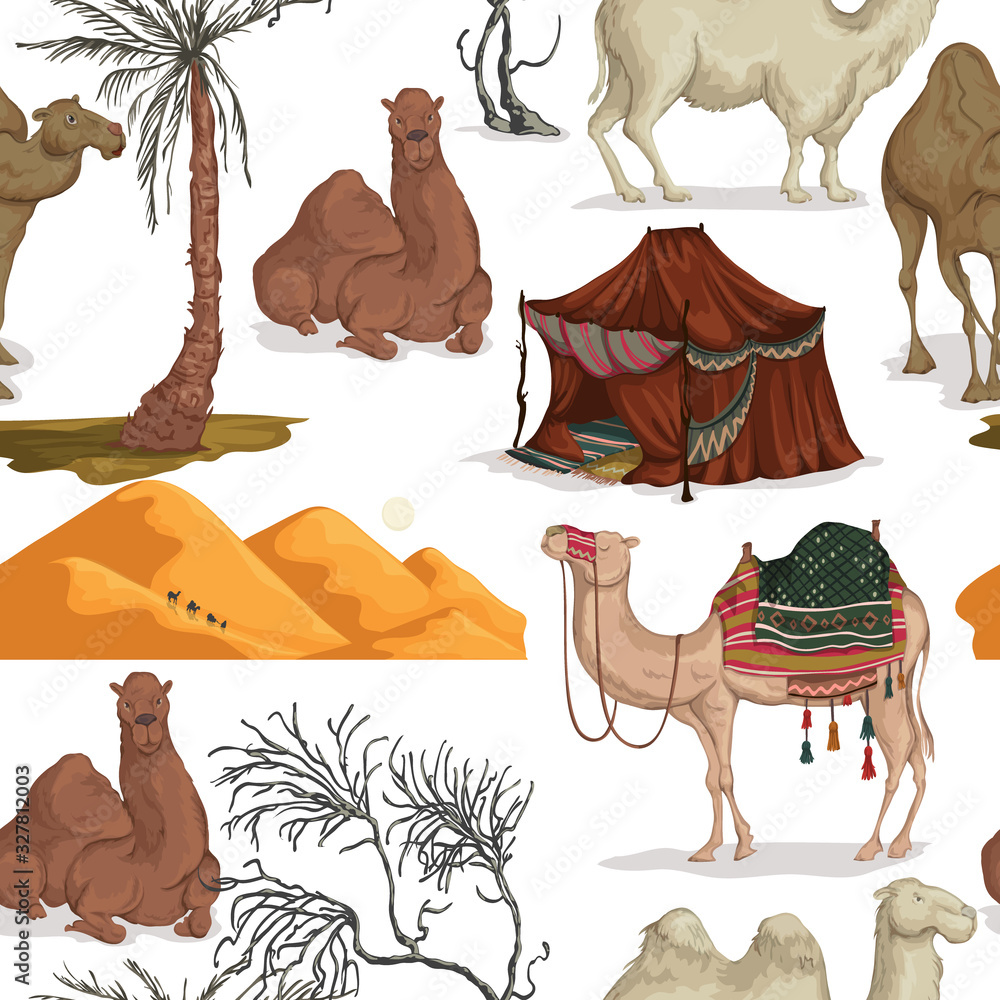 Seamless pattern with camels in different poses, sand dune of desert ...