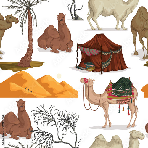 Seamless pattern with camels in different poses, sand dune of desert, nomad tent, dried and palm tree. Vector illustration