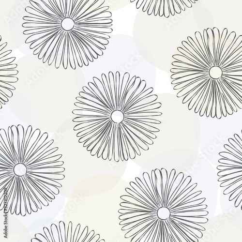 Vector Flowers Line Art in Gray White Gold Beige Circles Background Seamless Repeat Pattern. Background for textiles  cards  manufacturing  wallpapers  print  gift wrap and scrapbooking.
