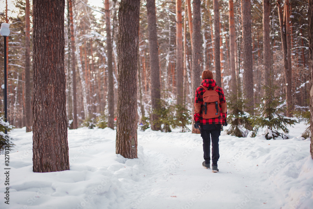 Male tourist with backpack walks on snow pine forest. Guy hiking at nature. Concept of winter holiday or vacation.. Male tourist with backpack walks on snow pine forest. Guy hiking at nature. Concept of winter holiday or vacation..