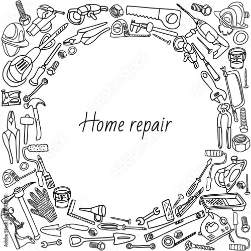 Home repair tools frame. Hand drawn vector illustration isolated on white. Doodle border design.