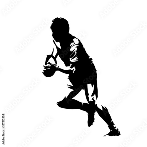 Rugby player running with ball, abstract isolated vector silhouette. Side view
