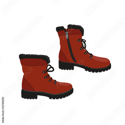 Winter, autumn, hiking boots or boots on the left and right foot. Vector illustration isolated on a white background. Soldier flat shoes.