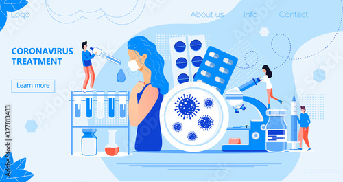 Coronavirus treatment concept vector for landing page, banner. Tiny doctors create CoV-2019 vaccine. Resuscitation, lung ventilation to save an infected man. Pandemic situation