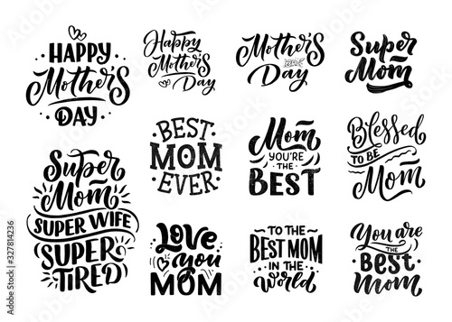 Set of Mother's day lettering for Gift card. Vintage Typography, great design for any purposes. Modern calligraphy banner template. Celebration quotes. Handwritten text postcard. Vector illustration