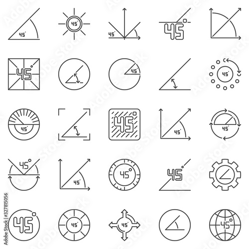 45 Degrees Angle outline icons set. Vector 45 degree concept linear symbols or design elements