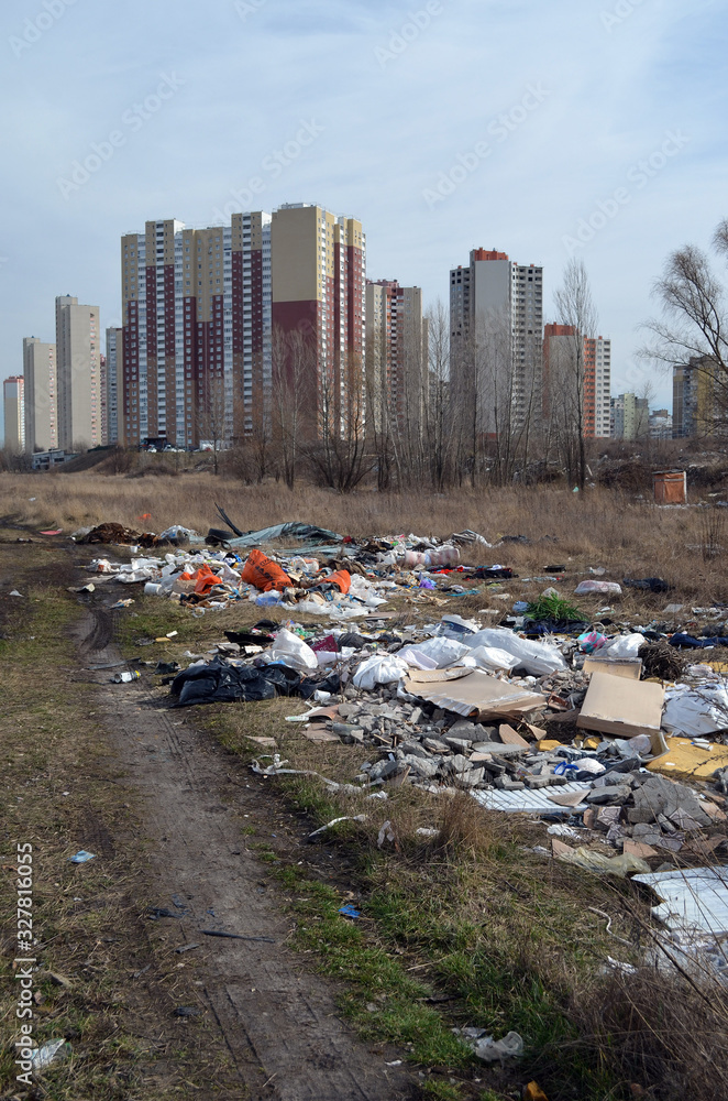 Spring landscape.Ecology of Ukraine. Nature near Ukrainian capital. Environmental contamination. Illegal junk dump. Kiev,Ukraine