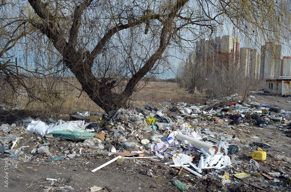 Spring landscape.Ecology of Ukraine. Nature near Ukrainian capital. Environmental contamination. Illegal junk dump. Kiev,Ukraine Spring landscape.Ecology of Ukraine. Nature near Ukrainian capital. Environmental contamination. Illegal junk dump. Kiev,Ukraine