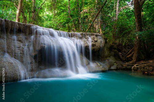 Fototapeta Naklejka Na Ścianę i Meble -  Beauty in nature, Huay Mae Khamin waterfall in tropical forest of national park, Kanchanaburi, Thailand	