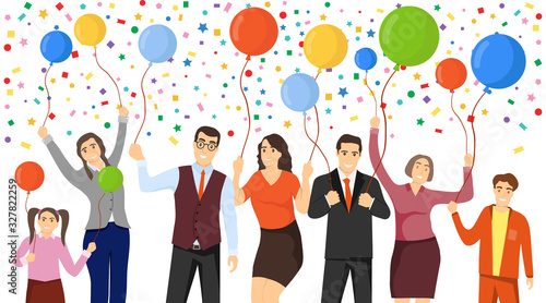 People rejoice and hold balloons. Group of people mini characters having fun. Happy Birthday Banner. Congratulatory poster. Vector illustration.