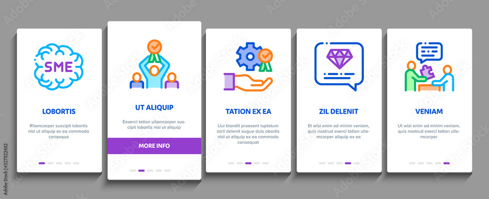 Sme Business Company Onboarding Mobile App Page Screen Vector. Sme Small And Medium Enterprise, Communication And Education, Badge And Case Concept Linear Pictograms. Color Contour Illustrations