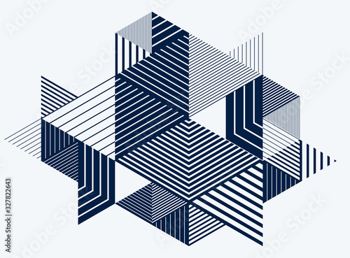 Line design 3D cubes and triangles abstract background, polygonal low poly isometric retro style template. Stripy graphic element isolated. Template for poster or banner, cover or ad.
