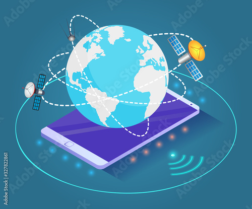 Mobile phone as platform for planet with lines and satellites. Orbits around globe with spaceships. Cellular communication and connection. Internet service or network worldwide, vector isometric