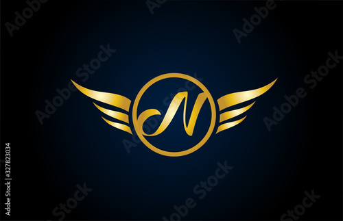 gold golden N wing wings alphabet letter logo icon with classy design for company and business