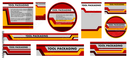 Design concept for packaging tools. Industrial technical product branding: tools, spare parts, accessories, consumables. Set of abstract label for pack. Geometric style. Bright colors. Vector isolated