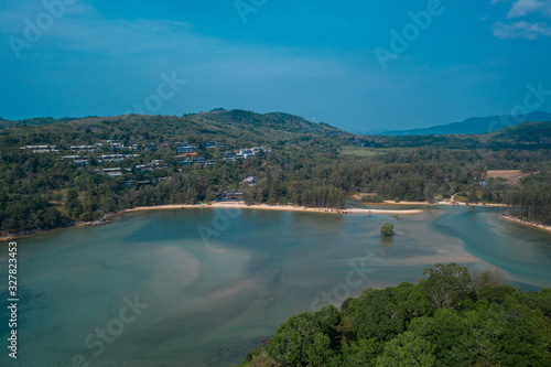 Aerial drone view of tropical Layan Beach area in Phuket, Thailand