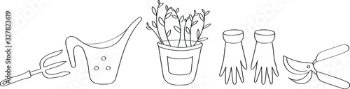 Garden symbols for website design in doodle style. The art line for children's coloring is drawn from black outlines.