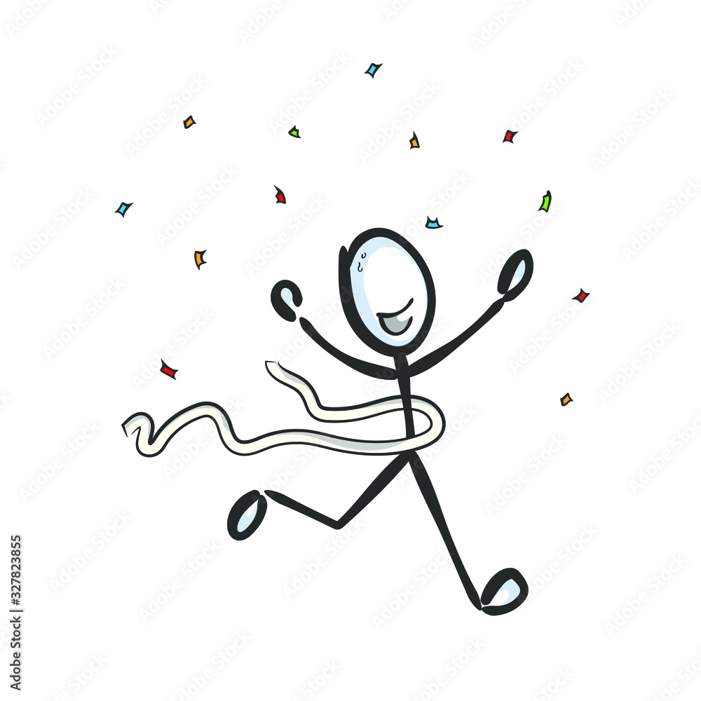 Finish line. Champion win. Sports competition winner. Runner takes first place. Gold medal. Hand drawn. Stickman cartoon. Doodle sketch, Vector graphic illustration