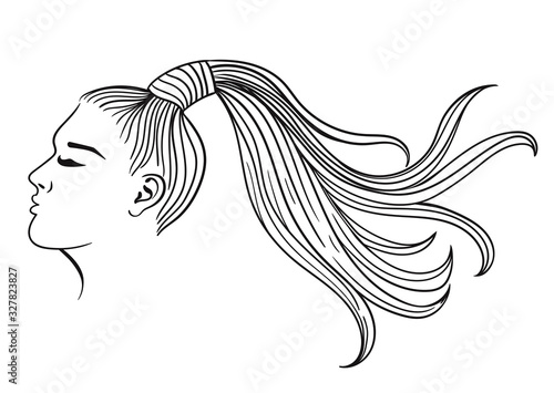 Female hairstyle with ponytail. Black outline on a white background. Vector graphics.