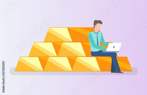 Man sitting on pile of gold and typing on notebook. Vector male on golden bar isolated cartoon investor or financial analyst working with laptop, invest