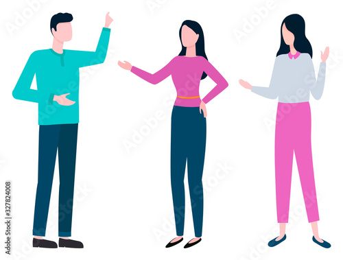 Collaboration of colleagues, consulting man and woman discussing business issues. Vector brokers and hucksters, stockbrokers or bill-brokers isolated