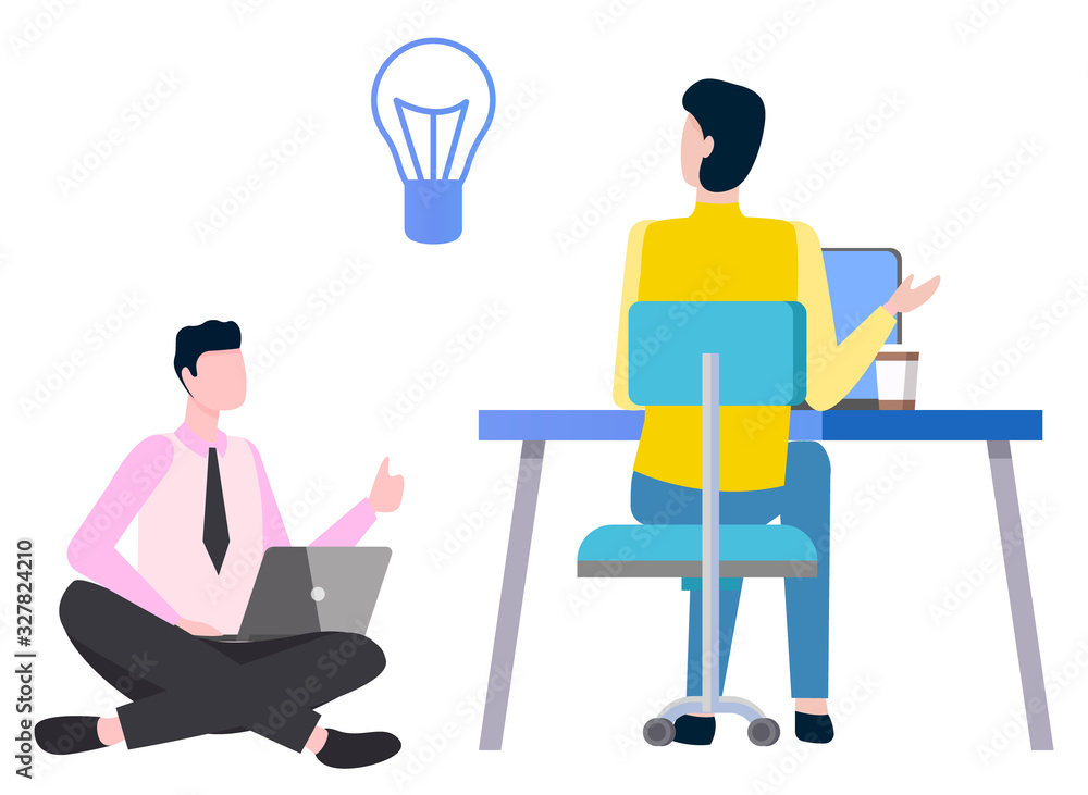 Teamwork of people in office vector, isolated man with laptop and idea lightbulb. Programming male wearing formal wear. Table with computer staff
