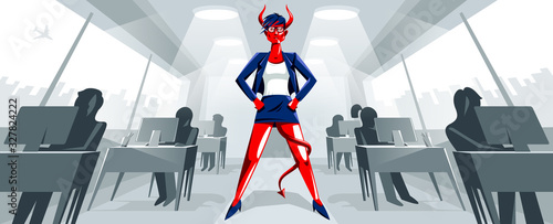 Big boss director woman with horns like demon or devil stands in center of office with employees confident serious and angry vector illustration, bad boss female despot and tyrant concept.