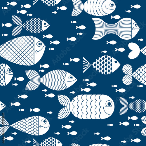 Funny cartoon fishes vector seamless background, cute childish pattern for children textile or wrapping paper or packaging for seafood products.