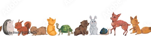 Seamless border with forest animals. Hedgehog, squirrel, teddy bear, fox, turtle, rabbit, snail, deer. Cartoon characters. Isolated on white background. Vector illustration