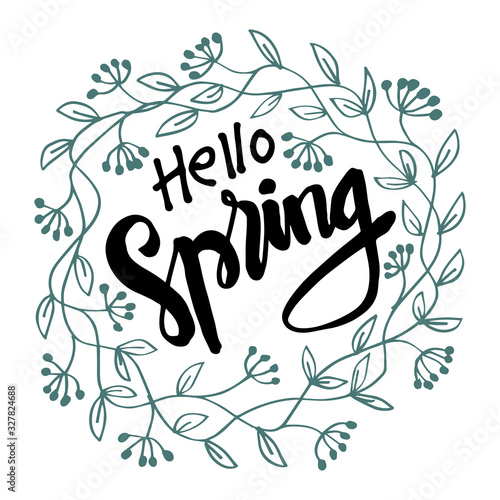 Hello Spring lettering. Greeting card. 