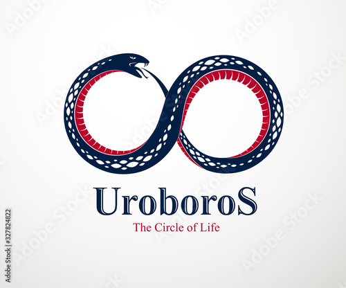 Ouroboros Snake in a shape of infinity symbol, endless cycle of life and death, ancient Uroboros symbol vector illustration, Serpent eating its own tale, logo, emblem or tattoo. photo