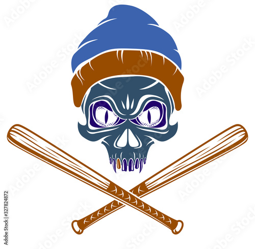 Criminal tattoo ,gang emblem or logo with aggressive skull baseball bats design elements, vector, bandit ghetto vintage style, gangster anarchy or mafia theme.
