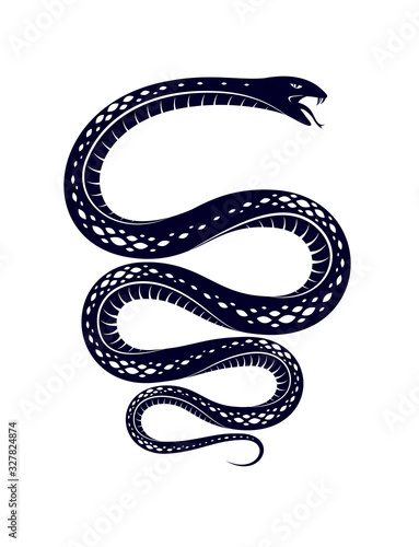 Snake vector tattoo, deadly poison dangerous serpent, venom aggressive predator reptile animal vintage style illustration.