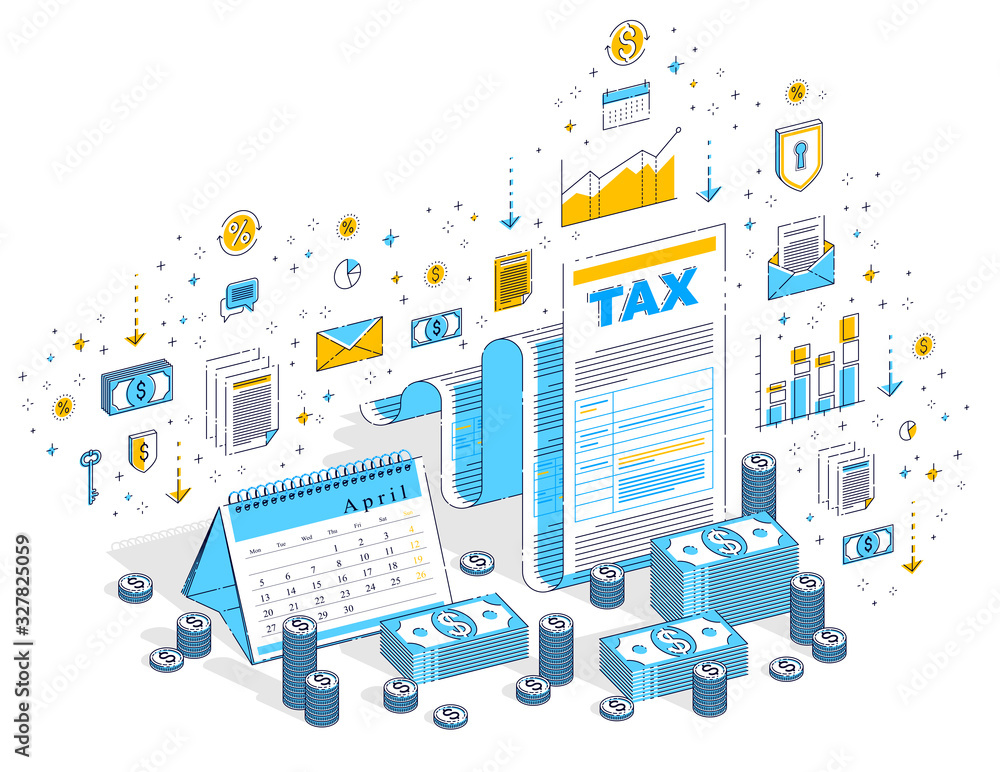 Taxation concept, tax form or paper legal document with cash money stacks and calendar isolated on white. 3d vector business isometric illustration with icons, stats charts and design elements. Taxation concept, tax form or paper legal document with cash money stacks and calendar isolated on white. 3d vector business isometric illustration with icons, stats charts and design elements.