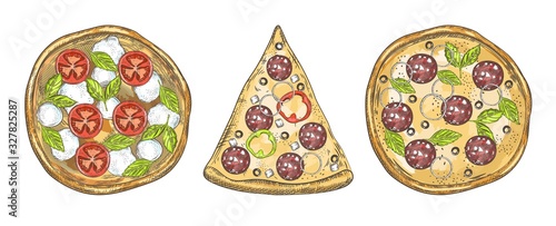 Set of pizza images. Whole pizza and slice of pizza.