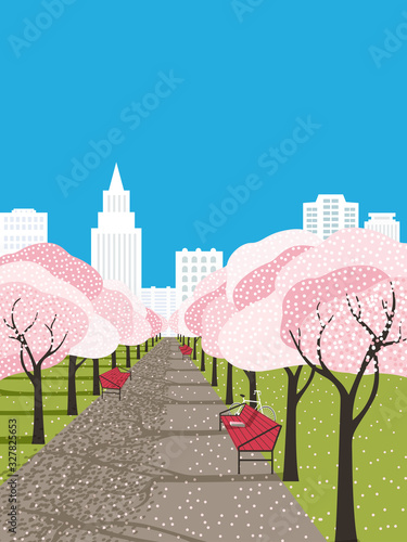 Hand drawn blooming sakura alley vector poster