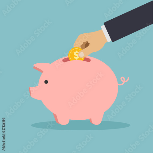 Hand puts coins in a piggy bank. Flat design vector illustration.	